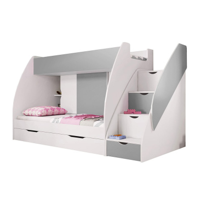 Kinderhochbett mit Treppe und Schubladen MAXMILIAN – Weiß / Grau