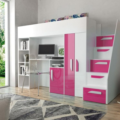 Etagenbett mit Schreibtisch Klára - weiß/rosa
