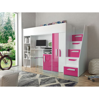 Etagenbett mit Schreibtisch Klára - weiß/rosa