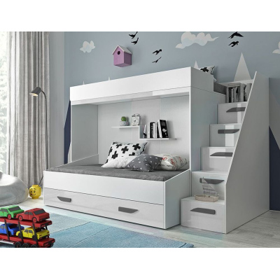 Kinderhochbett mit Stauraum Derry – Weiß/graue Griffe