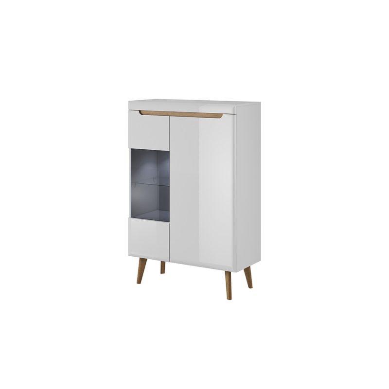 Wohnzimmer-Vitrine NATHANIEL – Weiß Hochglanz / Riviera-Eiche