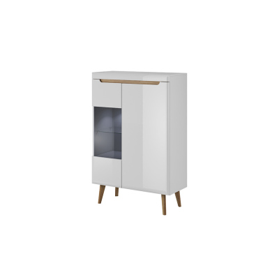 Wohnzimmer-Vitrine NATHANIEL – Weiß Hochglanz / Riviera-Eiche