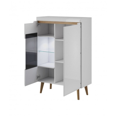 Wohnzimmer-Vitrine NATHANIEL – Weiß Hochglanz / Riviera-Eiche