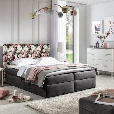 Polsterbett 120x200 DEA - Blumenmuster / Schwarz + GRATIS Matratzenauflage