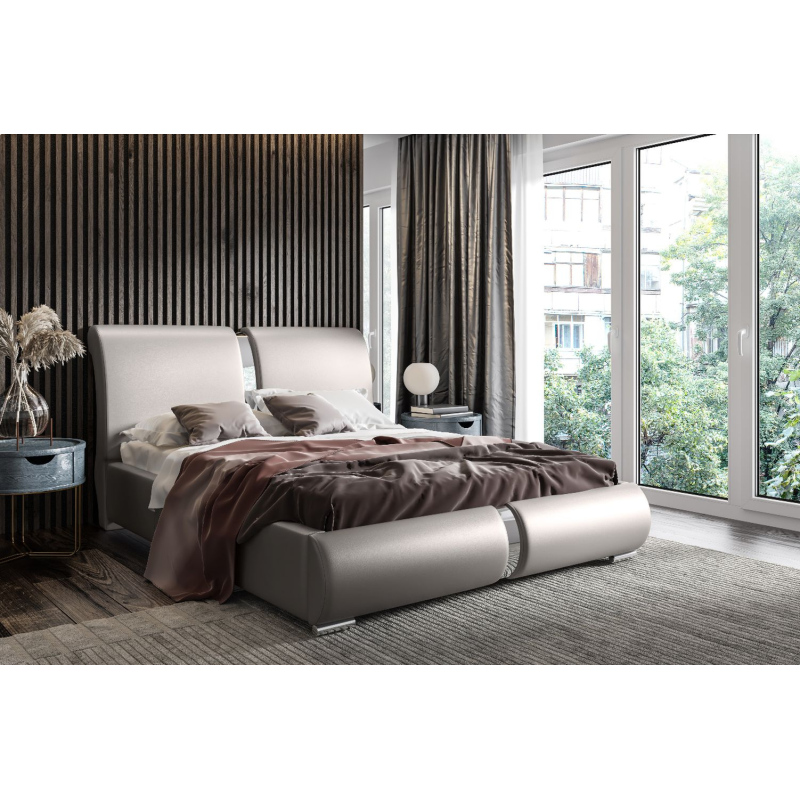 Polsterbett mit Chromaccessoires 160x200 YVONNE – graues Öko-Leder
