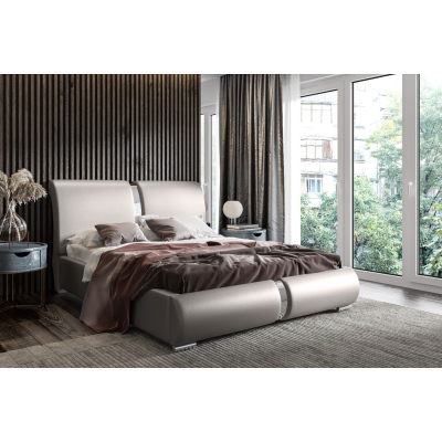 Polsterbett mit Chromaccessoires 160x200 YVONNE – graues Öko-Leder