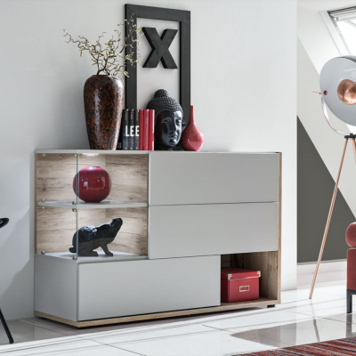 Schmale Kommode BOHI – Perlgrau / Wellington Eiche