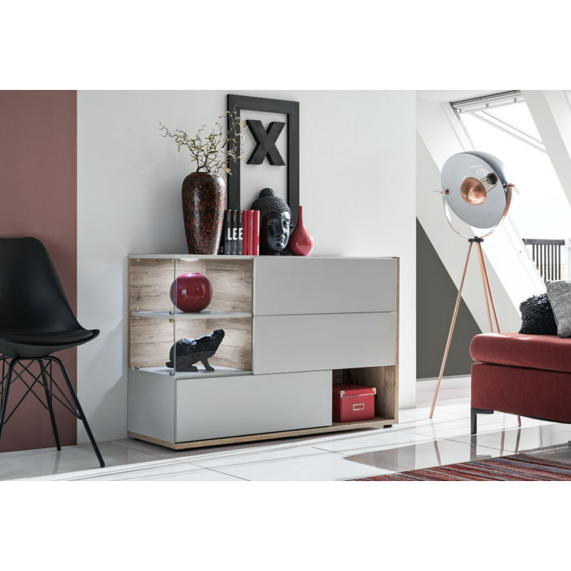 Schmale Kommode BOHI – Perlgrau / Wellington Eiche