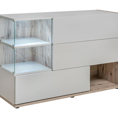 Schmale Kommode BOHI – Perlgrau / Wellington Eiche