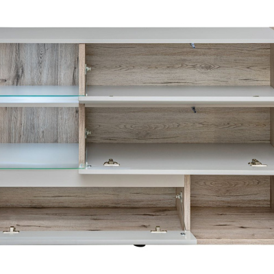 Schmale Kommode BOHI – Perlgrau / Wellington Eiche