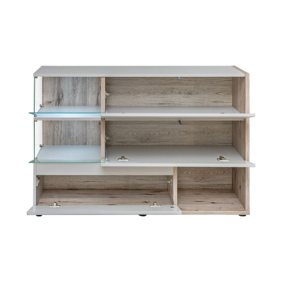 Schmale Kommode BOHI – Perlgrau / Wellington Eiche