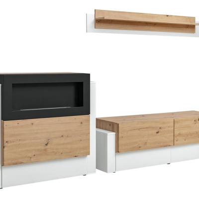 Wohnzimmerwand mit Biokamin IVETA – weiß / Artisan Eiche
