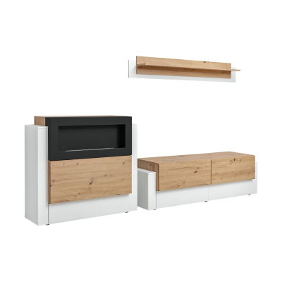 Wohnzimmerwand mit Biokamin IVETA – weiß / Artisan Eiche