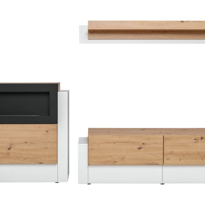 Wohnzimmerwand mit Biokamin IVETA – weiß / Artisan Eiche