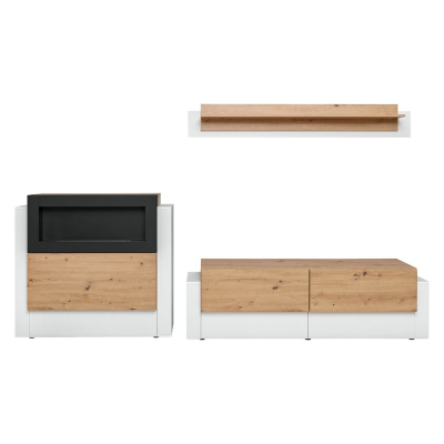 Wohnzimmerwand mit Biokamin IVETA – weiß / Artisan Eiche