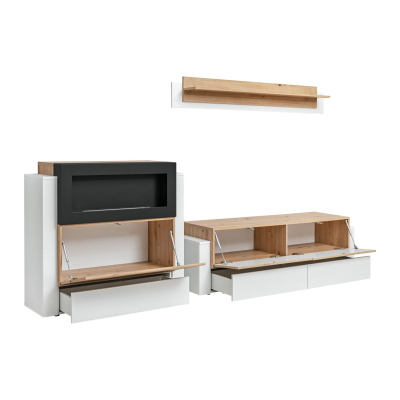 Wohnzimmerwand mit Biokamin IVETA – weiß / Artisan Eiche