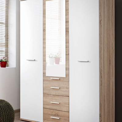 Kleiderschrank mit Spiegel fürs Kinderzimmer EMAN – Breite 135 cm, Sonoma-Eiche/Weiß
