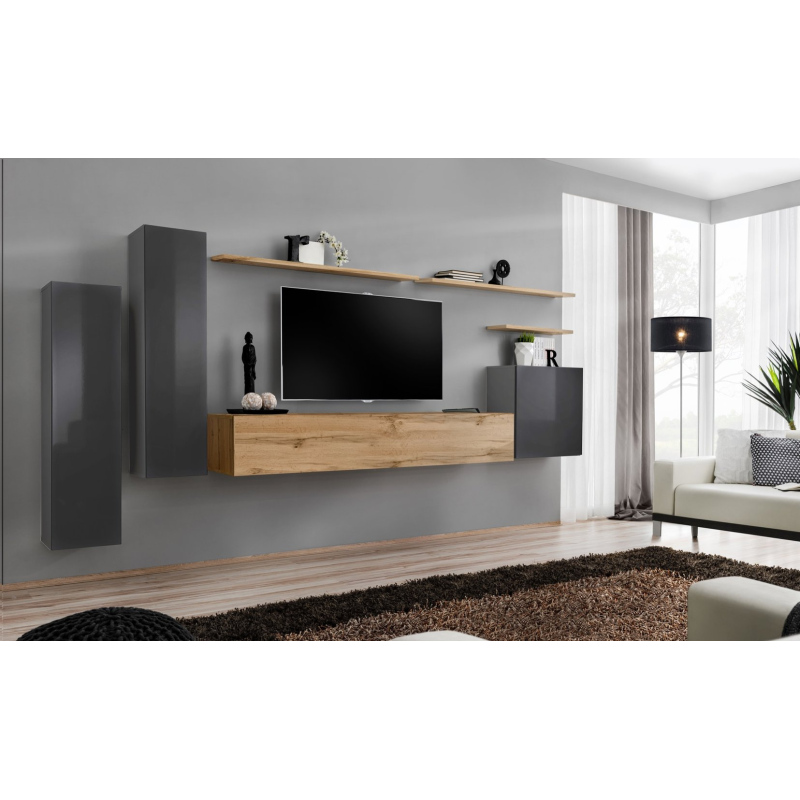 Wohnzimmerwand RIONATA 1 – Graphit / Wotan Eiche