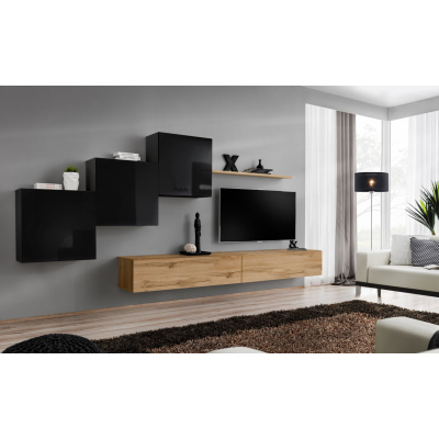 Wohnzimmerwand RIONATA 10 – Schwarz / Wotan Eiche