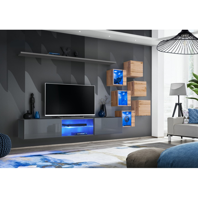 Wohnzimmerwand RIONATA 21 – Graphit / Wotan Eiche