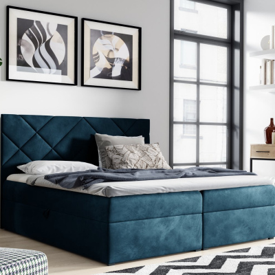 Gepolstertes Doppelbett DINO – 140x200, Blau + GRATIS Topper