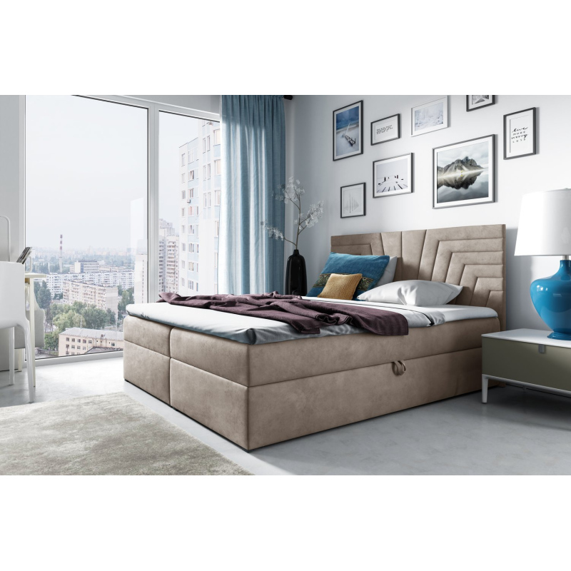 Polsterbett mit gestepptem Kopfteil SUSANA – 140x200, Beige + GRATIS Topper