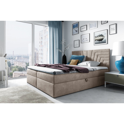 Polsterbett mit gestepptem Kopfteil SUSANA – 140x200, Beige + GRATIS Topper