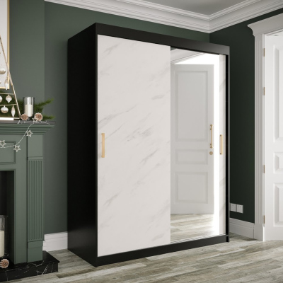 Spiegel-Schwebetürenschrank MAREILLE 3 – Breite 150 cm, schwarz / weißer Marmor