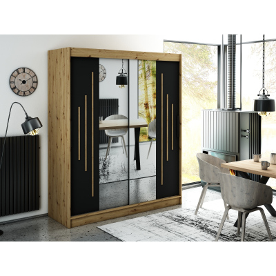 Spiegel-Schwebetürenschrank LURDES 8 – Breite 180 cm, Eiche Artisan / schwarz