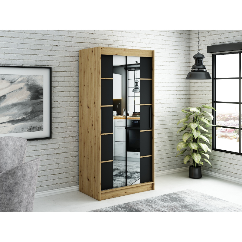 Spiegel-Schwebetürenschrank LURDES 6 – Breite 100 cm, Eiche Artisan / schwarz