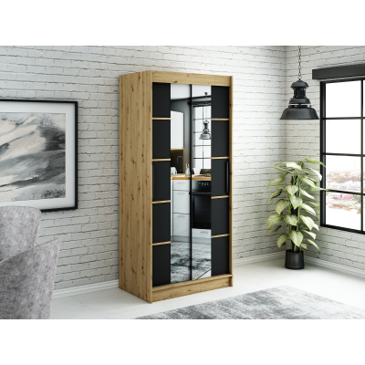 Spiegel-Schwebetürenschrank LURDES 6 – Breite 100 cm, Eiche Artisan / schwarz