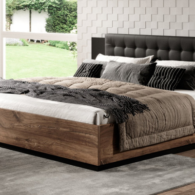 Bett mit gepolstertem Kopfteil LJUBA – 180x200, Eiche Flagstaf / schwarz supermatt