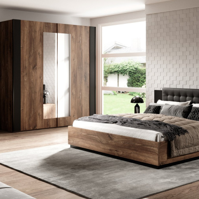 Bett mit gepolstertem Kopfteil LJUBA – 140x200, Eiche Flagstaf / schwarz supermatt
