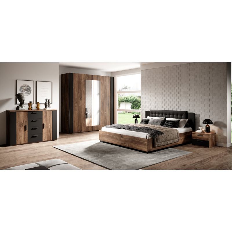 Bett mit gepolstertem Kopfteil LJUBA – 140x200, Eiche Flagstaf / schwarz supermatt