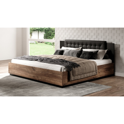 Bett mit gepolstertem Kopfteil LJUBA – 140x200, Eiche Flagstaf / schwarz supermatt