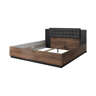 Bett mit gepolstertem Kopfteil LJUBA – 140x200, Eiche Flagstaf / schwarz supermatt