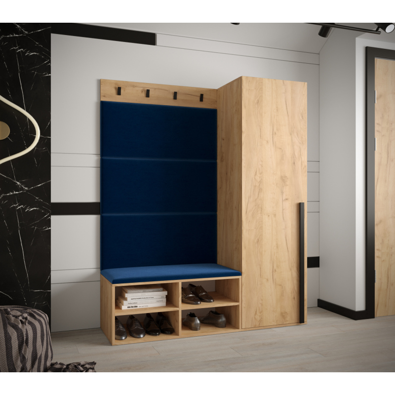 Flurwand mit gepolsterten Paneelen HARRISON – Eiche Gold, blaue Paneele