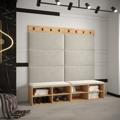 Breiter Schuhschrank mit gepolsterten Paneelen HARRISON – goldene Eiche, beige Paneele