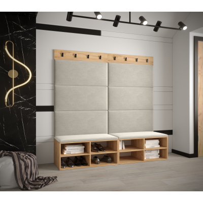 Breiter Schuhschrank mit gepolsterten Paneelen HARRISON – goldene Eiche, beige Paneele