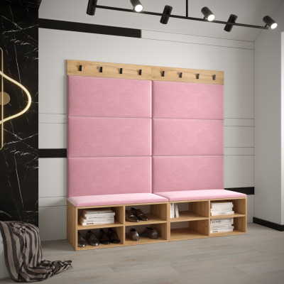 Breiter Schuhschrank mit gepolsterten Paneelen HARRISON – goldene Eiche, rosa Paneele
