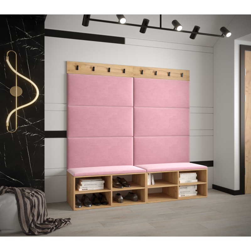 Breiter Schuhschrank mit gepolsterten Paneelen HARRISON – goldene Eiche, rosa Paneele