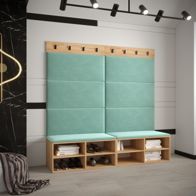 Breiter Schuhschrank mit gepolsterten Paneelen HARRISON – goldene Eiche, mintfarbene Paneele
