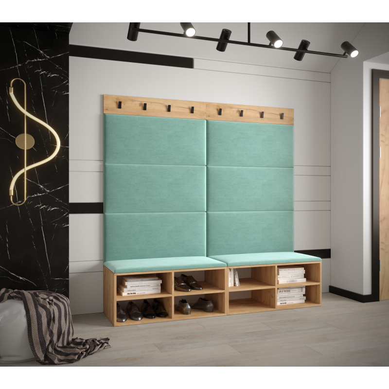 Breiter Schuhschrank mit gepolsterten Paneelen HARRISON – goldene Eiche, mintfarbene Paneele