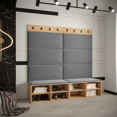 Breiter Schuhschrank mit gepolsterten Paneelen HARRISON – goldene Eiche, graue Paneele