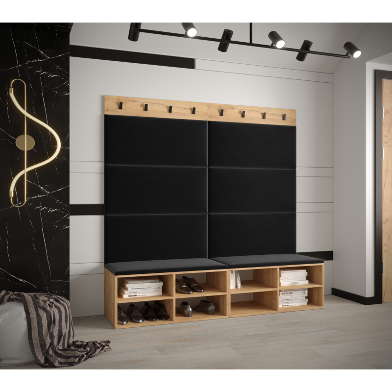 Breiter Schuhschrank mit gepolsterten Paneelen HARRISON – goldene Eiche, schwarze Paneele