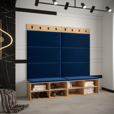 Breiter Schuhschrank mit gepolsterten Paneelen HARRISON – goldene Eiche, blaue Paneele