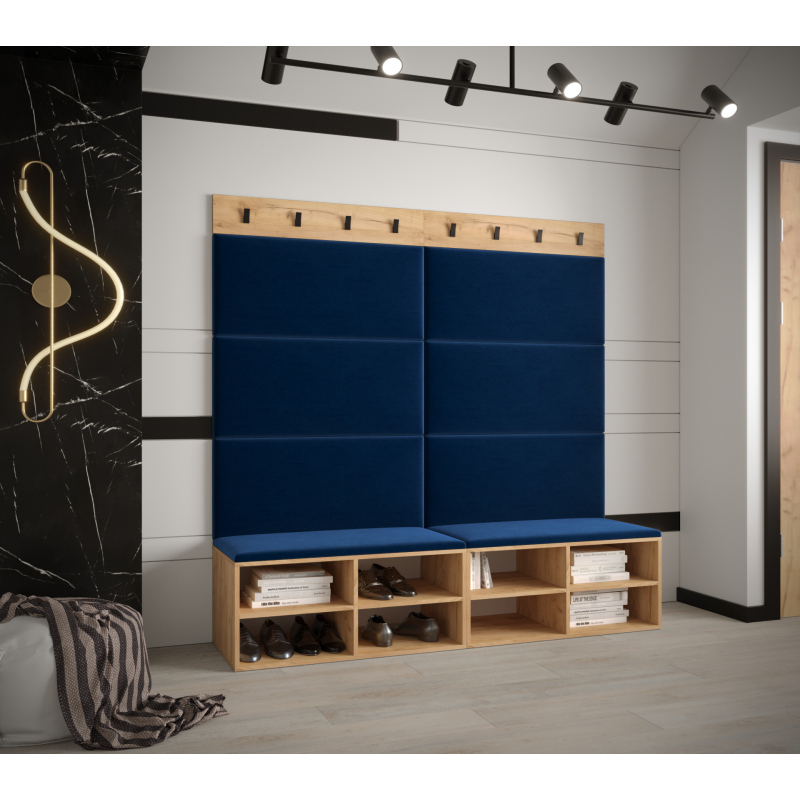 Breiter Schuhschrank mit gepolsterten Paneelen HARRISON – goldene Eiche, blaue Paneele