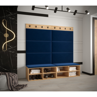 Breiter Schuhschrank mit gepolsterten Paneelen HARRISON – goldene Eiche, blaue Paneele