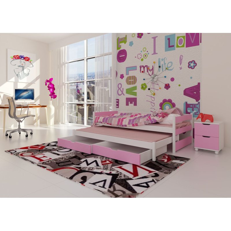 Bett mit Aufbettung MARGARITA – 90x200, weiß/rosa