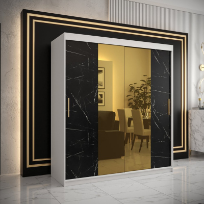 Designer-Kleiderschrank mit goldenem Spiegel MADLA 1 – Breite 180 cm, Weiß / Schwarz